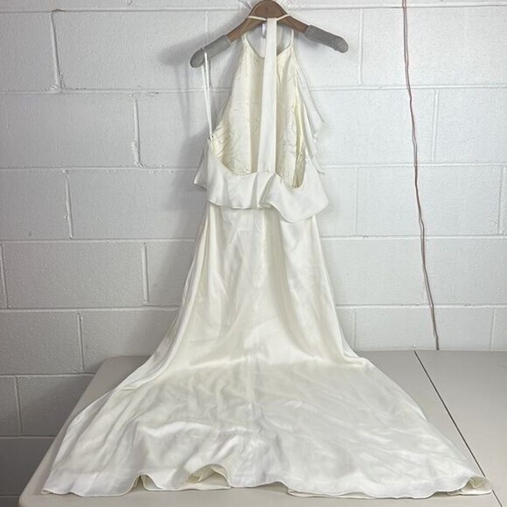 New Jill Stuart Ruffle Halter Gown, ivory, 6 Satin bridesmaid long high slit - Picture 5 of 6
